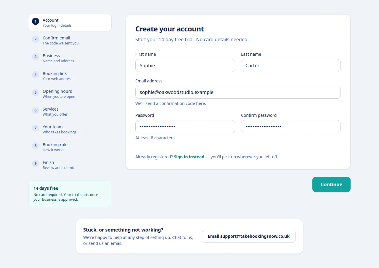 The Create your account screen with first name, last name, email address and password fields, and the nine setup steps listed down the left.