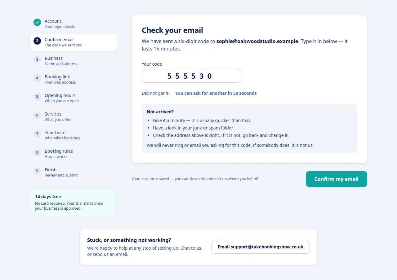 The Check your email screen with a six-digit code entered and a Confirm my email button.