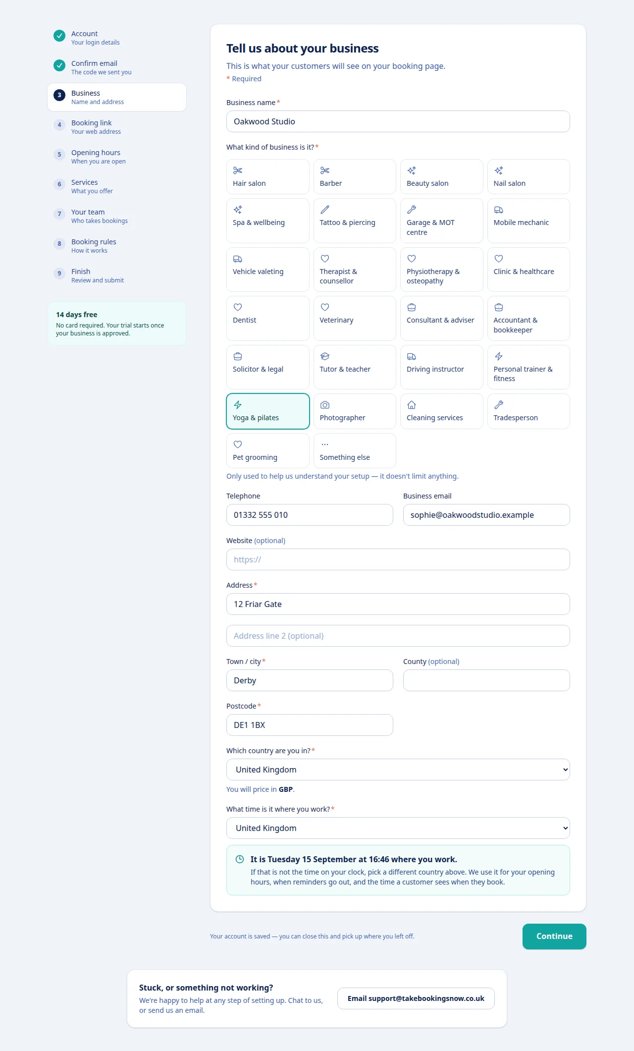 The business details form: business name, a grid of business types with Yoga & pilates chosen, telephone, email, address, postcode, country and timezone.