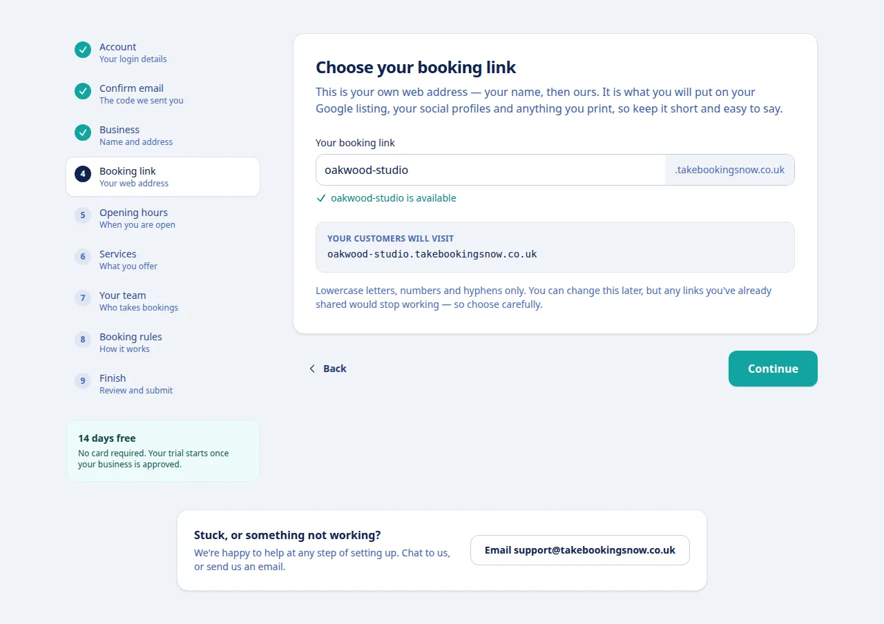 Choosing a booking link: oakwood-studio is available, and customers will visit oakwood-studio.takebookingsnow.co.uk.