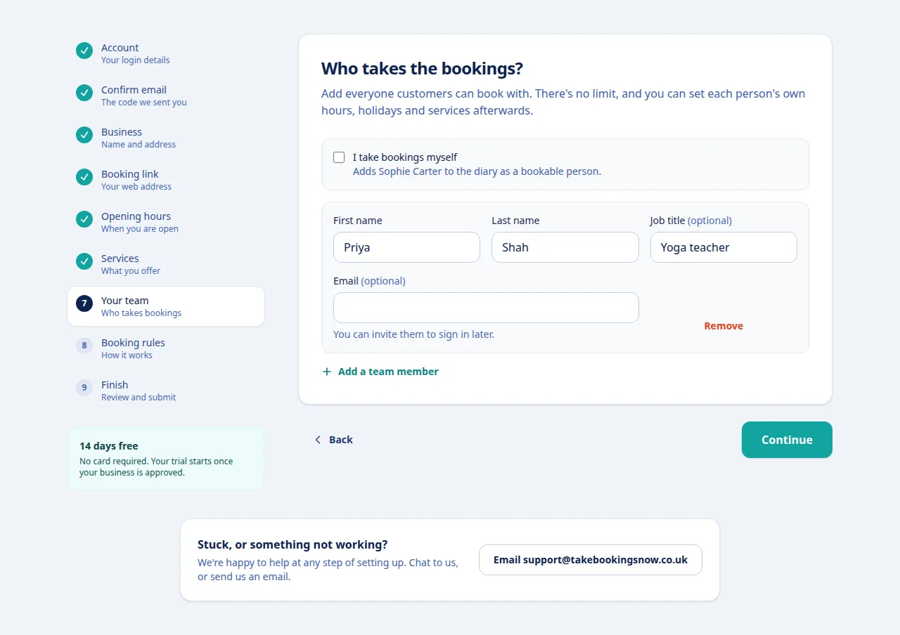 The Who takes the bookings step with a team member, Priya Shah, Yoga teacher, and an I take bookings myself checkbox.