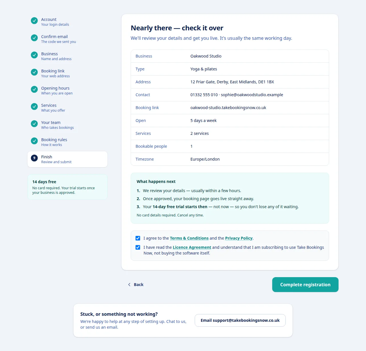 The Nearly there, check it over summary listing the business, type, address, contact details, booking link, days open, services, bookable people and timezone.