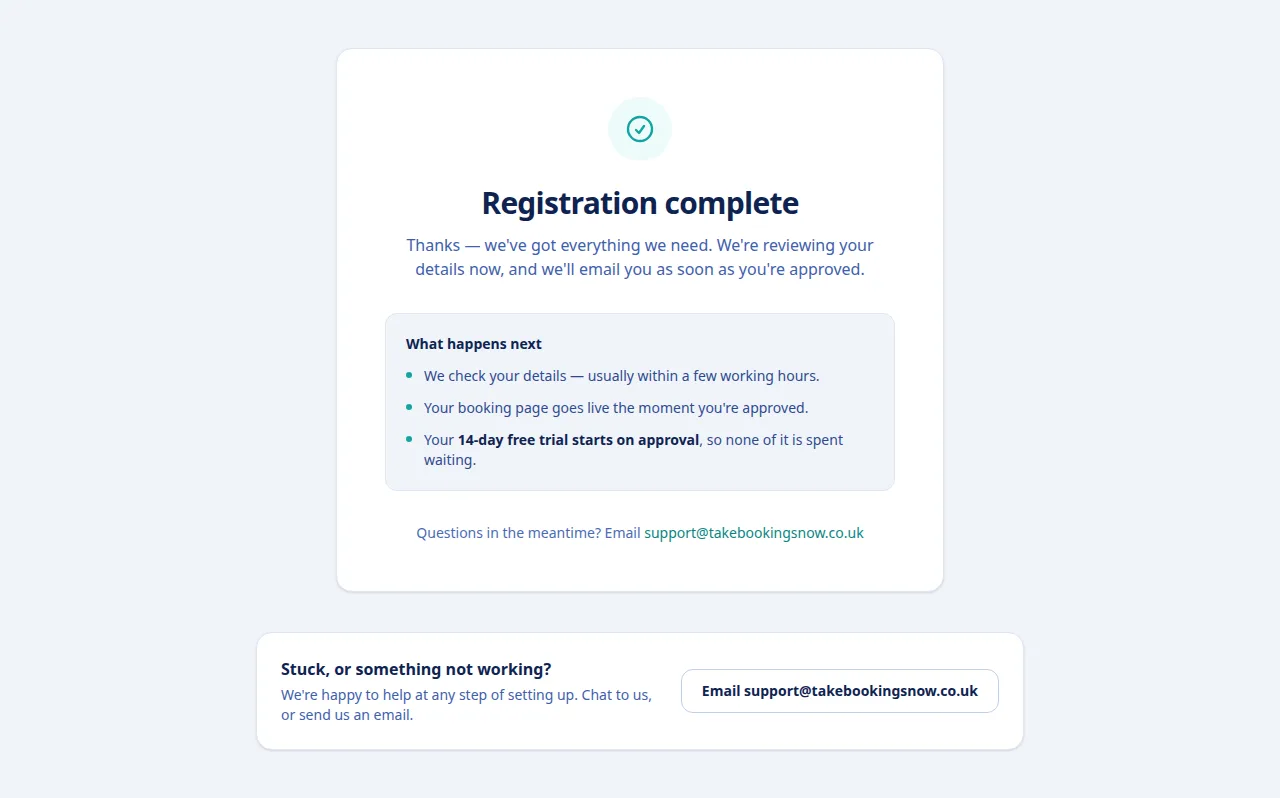 Registration complete: we are reviewing your details and will email you as soon as you are approved.