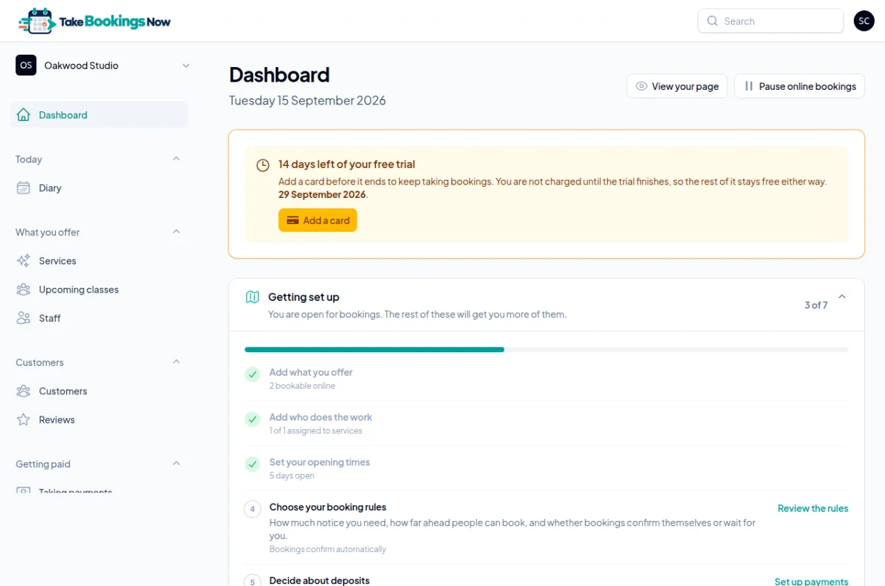 The business dashboard with a free trial reminder and a Getting set up checklist, three of seven steps done.