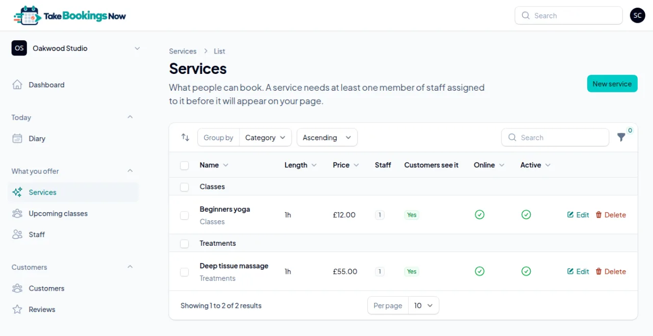 The Services list in the business portal, grouped into Classes and Treatments, showing length, price, staff and whether each is bookable online.