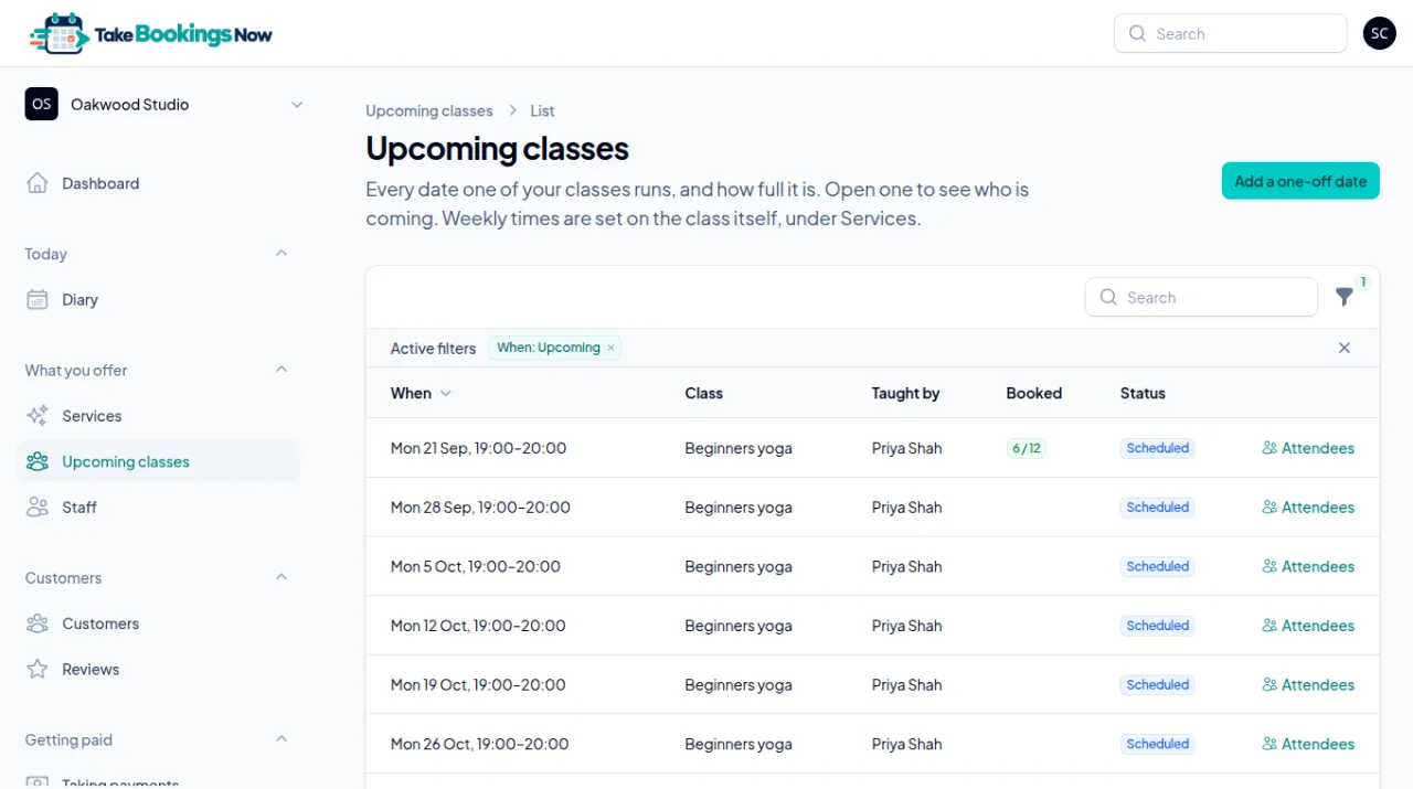 The Upcoming classes list showing Beginners yoga every Monday at 19:00 with Priya Shah, the first date 6 of 12 booked.