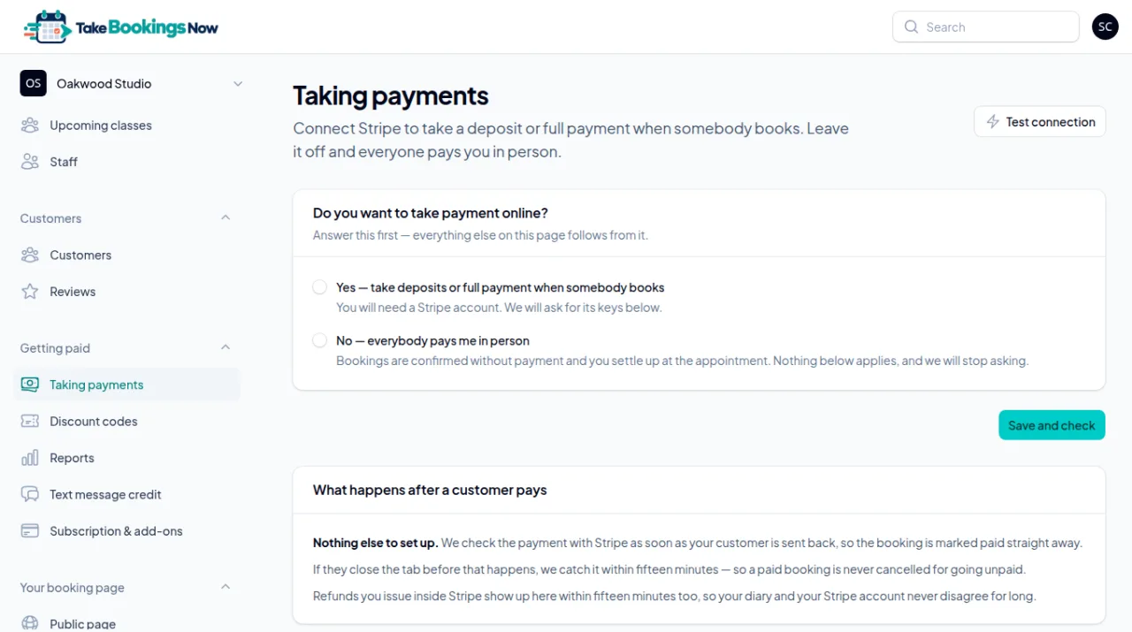 The Taking payments page asking whether you want to take payment online, with yes and no options.