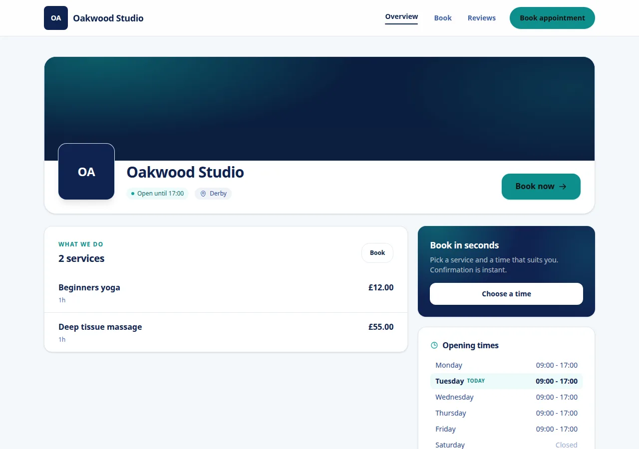 The Oakwood Studio booking page as a customer sees it: services with prices, a Book now button and opening times.