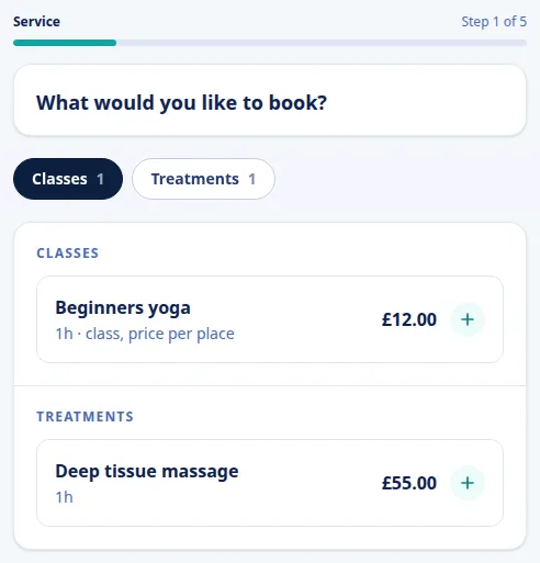 On a phone: What would you like to book, with Beginners yoga marked as a class at £12 per place and Deep tissue massage as an appointment.