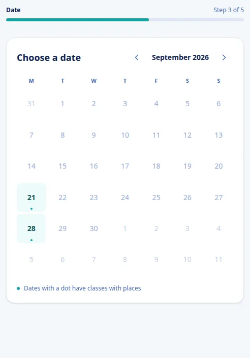 On a phone: a September calendar with the class dates, Mondays, marked with a dot.