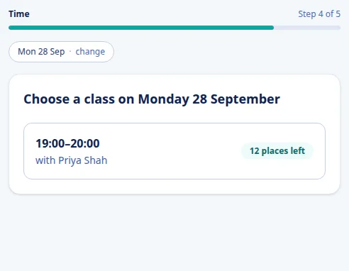 On a phone: Choose a class on Monday 28 September, 19:00 to 20:00 with Priya Shah, 12 places left.