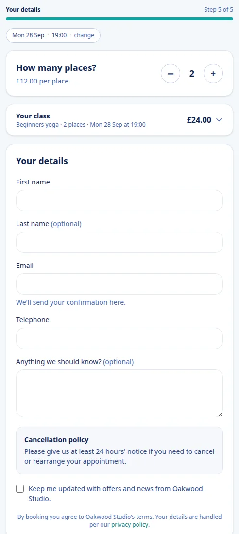 On a phone: How many places, 2 selected at £12 each, a £24 total, and the customer details form.