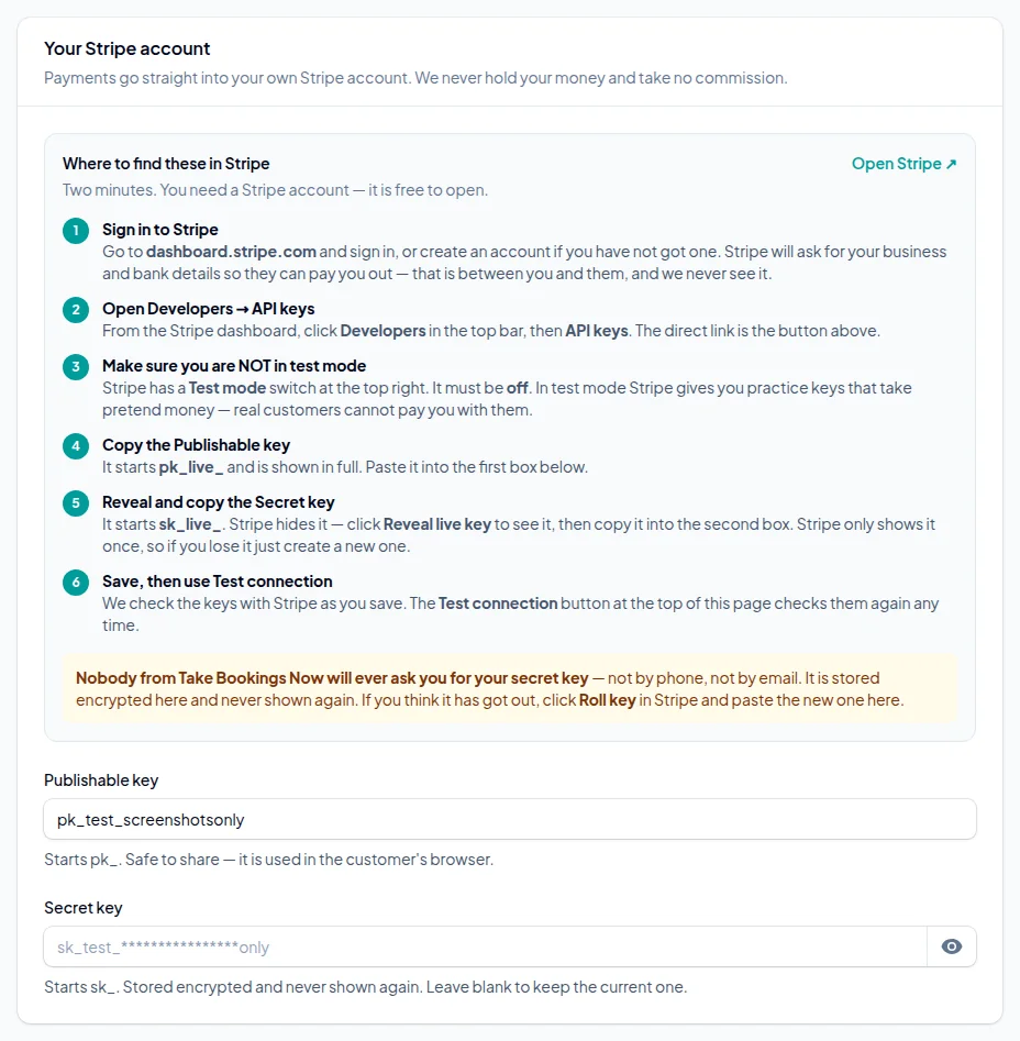 The Your Stripe account section: six numbered steps for finding the keys in Stripe, then boxes for the publishable key and the secret key.