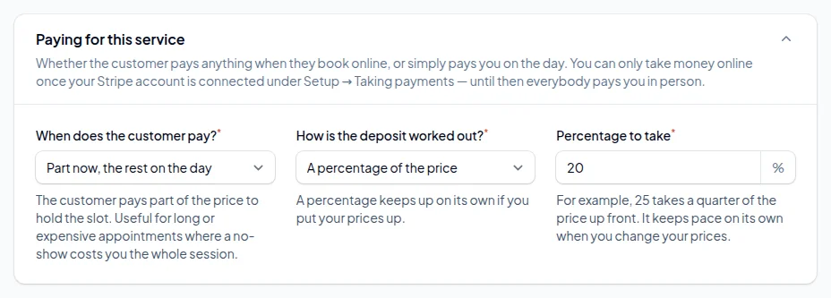 Paying for this service on a Hair Colour service: Part now, the rest on the day, worked out as a percentage, 20 per cent.