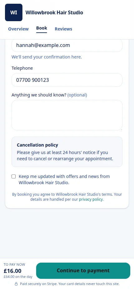 On a phone, the last booking step: the cancellation policy, and a bar at the bottom reading To pay now £16.00, £64.00 on the day, with a Continue to payment button.