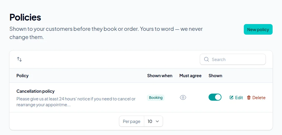 The Your policies list with a cancellation policy shown when booking.