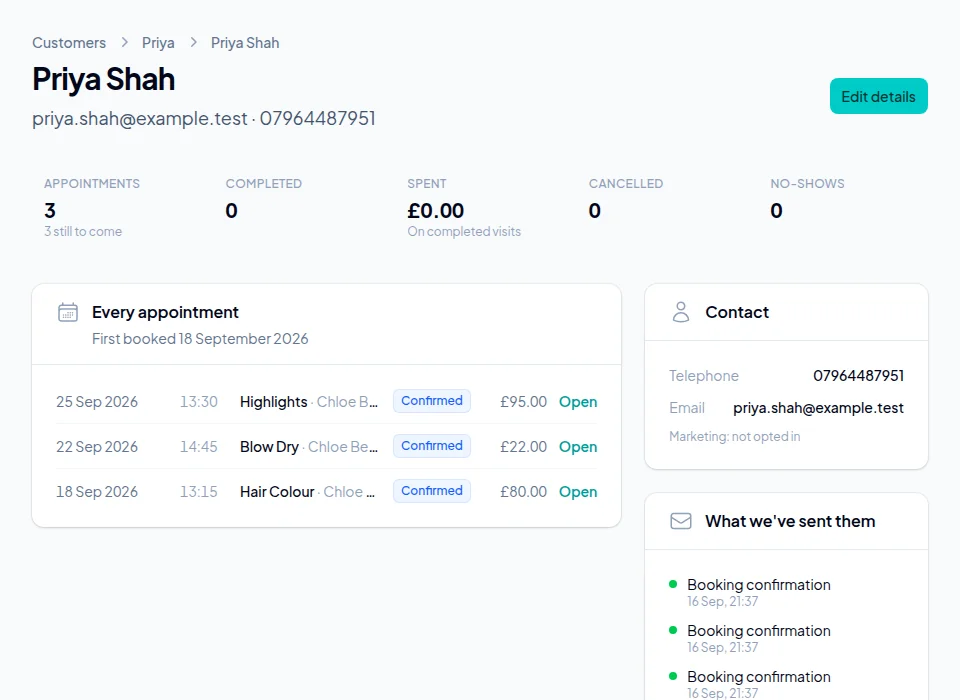 A customer record showing appointments, completed visits, amount spent, cancellations and no-shows, with every appointment listed underneath.