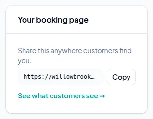 The Your booking page card on the dashboard, with the booking link and a Copy button.
