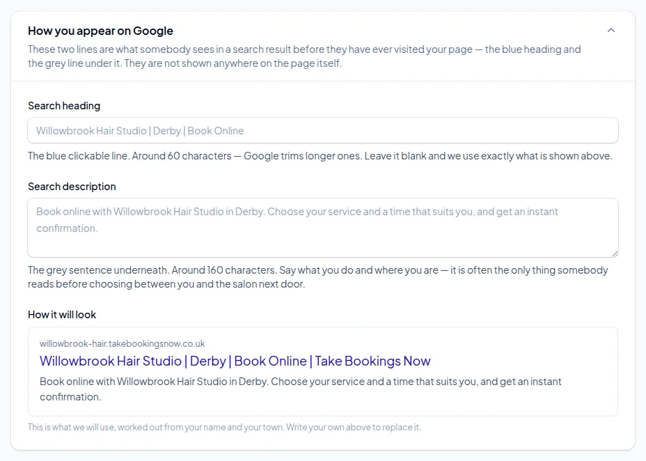 The How you appear on Google section: a search heading, a search description, and a preview of the result for willowbrook-hair.takebookingsnow.co.uk.
