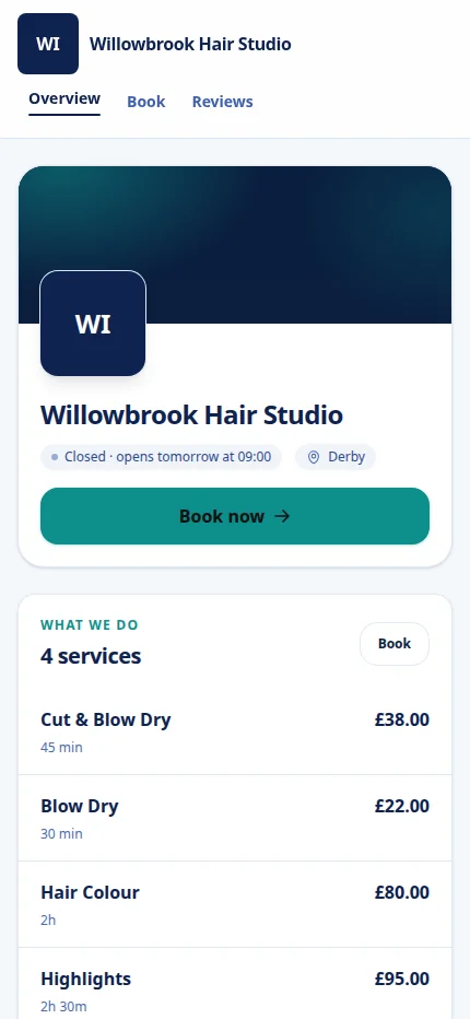 The Willowbrook Hair Studio booking page on a phone: the name, whether it is open, a Book now button and the list of services with prices.