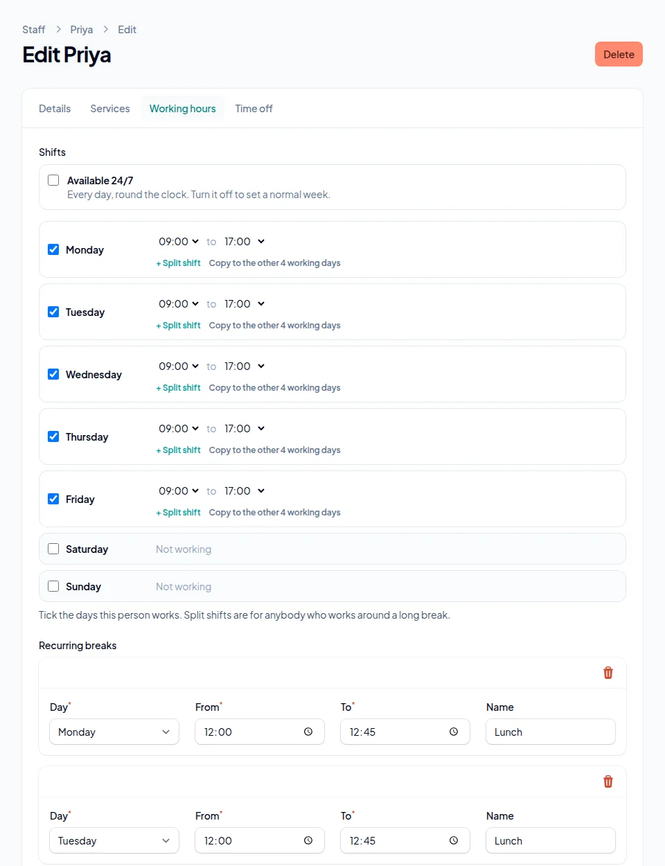 The Working hours tab for one person: Monday to Friday ticked at 09:00 to 17:00 with Split shift and Copy to the other working days links, weekends not working, and an Add a break button.
