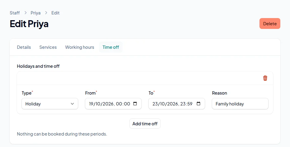 The Time off tab: a holiday from 19 October 2026 at 00:00 to 23 October 2026 at 23:59 with the reason Family holiday, and an Add time off button.