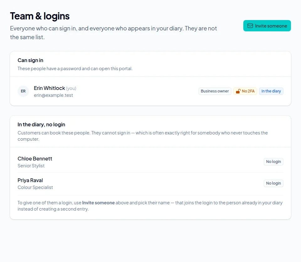 The Team and logins page: the business owner who can sign in, and two stylists in the diary with no login, with an Invite someone button.